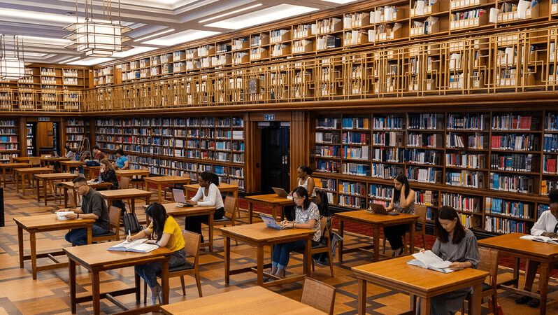 Students sitting at individual tables with books and laptops in the LSHTM Library.